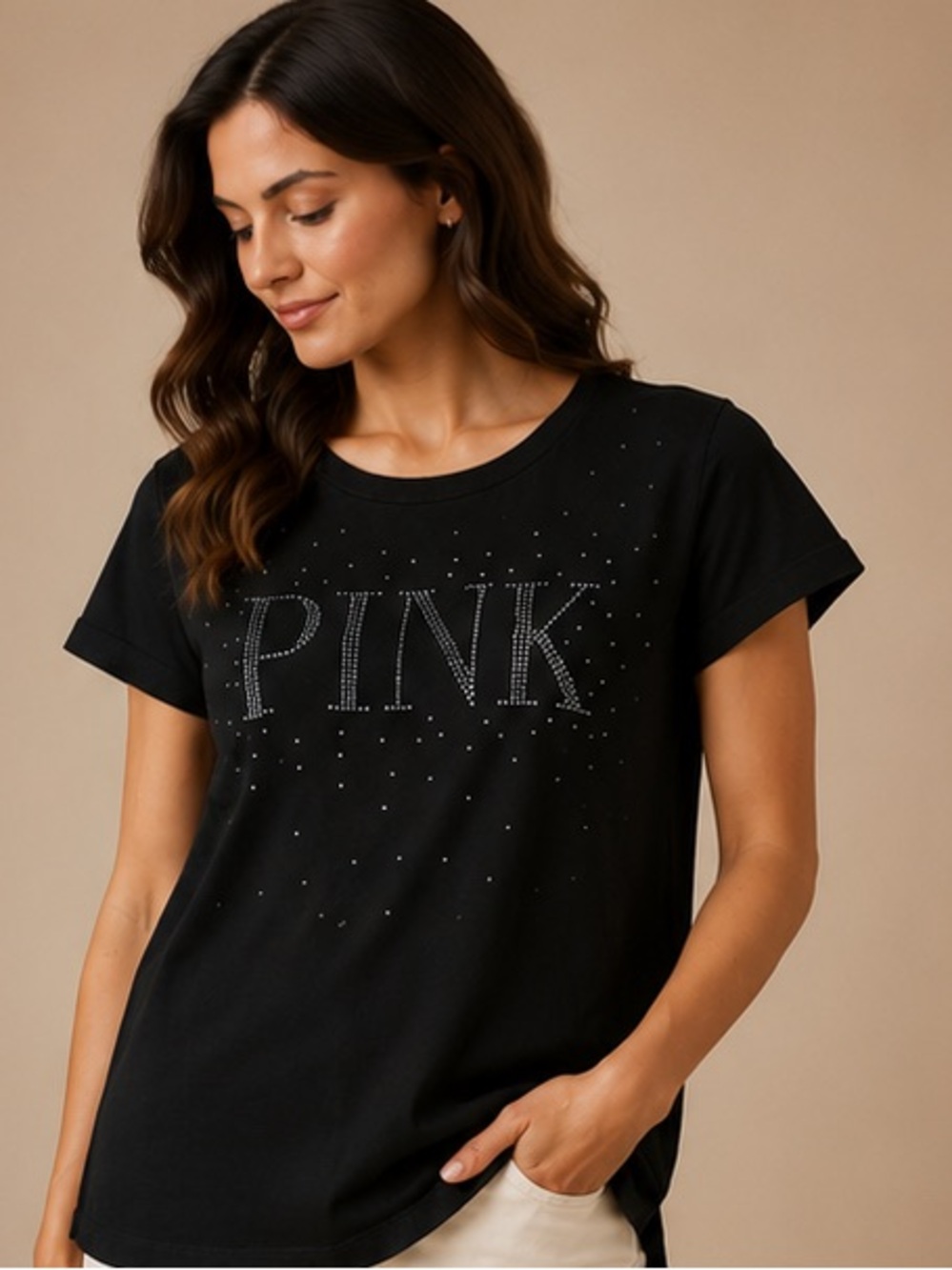 PINK Victoria's Secret Black Rhinestone Logo Tee XL Graphic Shirt